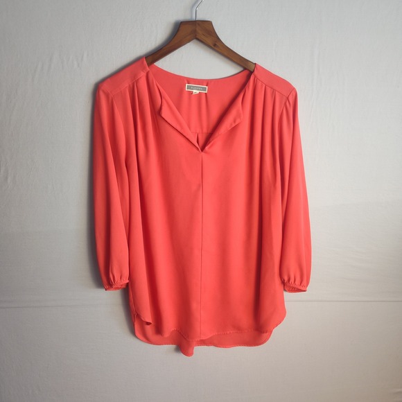 Pleione Tops - Pleione Womens Coral Pink Split Neck 3/4 Sleeve High Low Blouse Size L